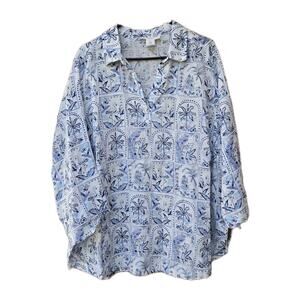 C&C California 100% Linen Women Size 2X Blouse Blue Coastal Beachy Palms Flamin